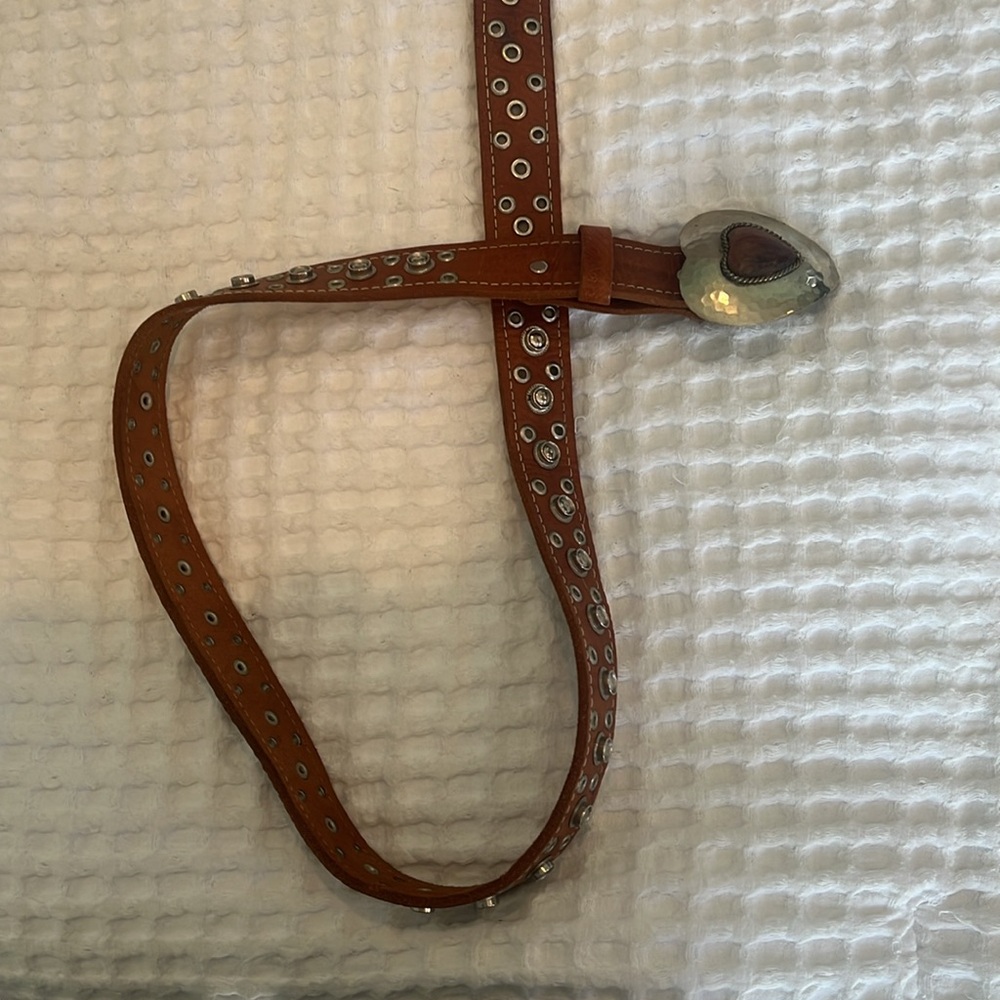Chico's Brown and Silver Leather Belt with Decorative Grommets heart statement